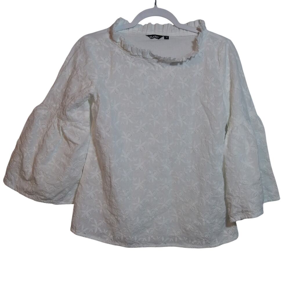 Zudio White Eyelet Ruffle Neck Bell Sleeve Blouse Top Contemporary Cottage Sz M